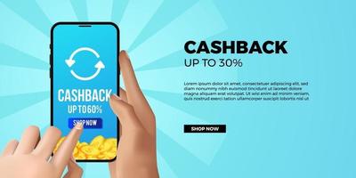 banner di promozione cashback per app finanziaria di e-commerce economico con mano 3d e telefono tattile con sfondo blu vettore
