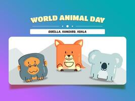 mondo animale giorno, piazza animale cartone animato impostato gorilla, canguro, e koala. vettore