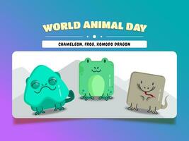 mondo animale giorno, piazza animale cartone animato impostato camaleonte, rana, e komodo Drago. vettore