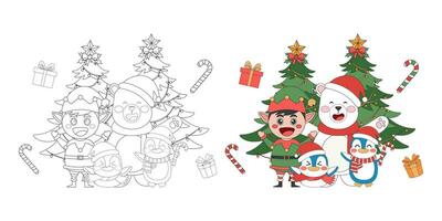 elfo, orso e pinguino con Natale albero, Natale tema linea arte scarabocchio cartone animato illustrazione, colorazione libro per bambini, allegro Natale. vettore