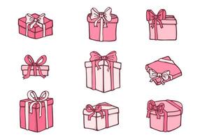 impostato di mano disegnato icone di rosa i regali nel scarabocchio stile. cartone animato presente scatola impostato con archi. regalo pacchetto con amore per San Valentino giorno, compleanno, nozze, anniversario. vettore