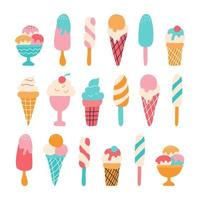un set di gelato su stecco, in una cialda, un cono. frutta, colorato. illustrazione vettoriale in uno stile piatto su sfondo bianco. decorazioni per la cameretta dei bambini, poster, adesivi, carta da regalo, tessuto