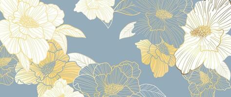 lusso d'oro peonia fiore linea arte sfondo vettore. naturale botanico elegante fiore con oro linea arte. design illustrazione per decorazione, parete arredamento, sfondo, coperchio, striscione, manifesto, carta. vettore