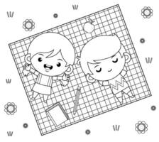 colorazione libro per bambini. superiore Visualizza di bambini avendo picnic dire bugie su un' erba vettore