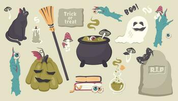 contento Halloween. impostato di mano disegnato, spaventoso personaggi e elementi isolato. zucca, fantasma, ragno, candela, Magia streghe birra, tomba, funghi, occhi, sillabare libro. vettore cartone animato illustrazione