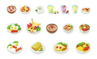 salutare prima colazione cibo icone collezione. muesli, cereale, frutta e frutti di bosco, noccioline, uova, frittata, avocado, frullato, bevande, Sandwich. vettore illustrazione impostare.