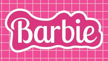 agosto 2023. Barbie Bambola. Barbie iscrizione su un' rosa sfondo con griglia. editoriale. etichetta. vettore