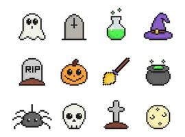 Halloween pixel arte impostato icone, Vintage ▾, 8 morso, anni 80, anni 90 Giochi, computer portico gioco Oggetti, fantasma, grave, veleno, strega cappello, zucca, scopa, calderone, ragno, cranio, Luna, vettore illustrazione