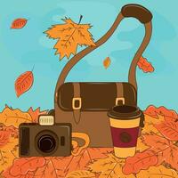 carino illustrazione con Borsa, caffè e telecamera nel le foglie vettore