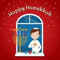 felice hanukkah biglietto di auguri festa ebraica ragazzo con simboli tradizionali vettore