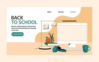 torna alla pagina di destinazione del sito web della scuola. acquisto materiale didattico. concetto di educazione all'apprendimento. illustrazione vettoriale piatta dei cartoni animati