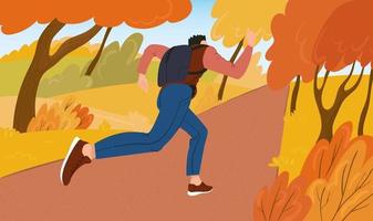 giovane sportivo corre nel parco in una soleggiata giornata autunnale. una lezione di cardio per uomo all'aria aperta. illustrazione vettoriale piatta