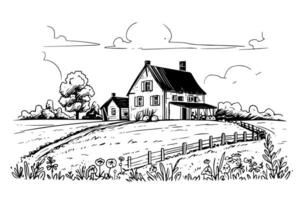 rurale paesaggio con un' azienda agricola nel incisione stile. mano disegnato vettore illustrazione