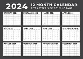 calendario modello per 2024. settimana inizia su domenica. 12 mese calendario. vuoto calendario mesi. in forma lettera dimensione pagine. Stazionario design. vettore illustrazione.