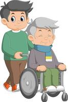 il vecchio uomo su un' sedia a rotelle e il suo adulto figlio vettore