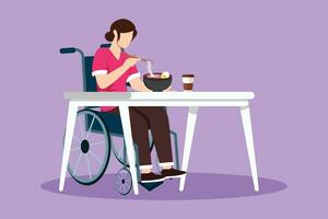 personaggio piatto disegno giovane femmina paziente nel sedia a rotelle mangiare ramen o spaghetto cibo e seduta a tavolo. avendo il pranzo, merenda nel bar. società e Disabilitato le persone. cartone animato design vettore illustrazione