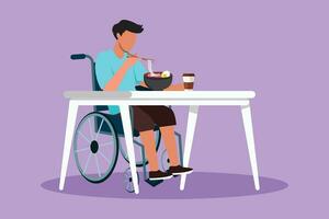 personaggio piatto disegno giovane maschio paziente nel sedia a rotelle mangiare ramen o spaghetto cibo e seduta a tavolo. avendo il pranzo, merenda nel bar. società e Disabilitato le persone. cartone animato design vettore illustrazione