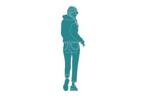 illustrazione vettoriale di donna casual che cammina sulla strada laterale, stile piatto con contorno
