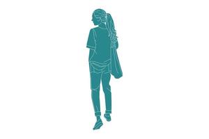 illustrazione vettoriale di donna casual che cammina sulla strada laterale guarda da dietro, stile piatto con contorno