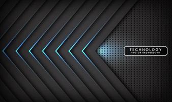 astratto 3d nero techno sfondo strati sovrapposti su spazio scuro con decorazione effetto freccia luce blu stile elemento modello di design moderno per volantino, biglietto, copertina, brochure o pagina di destinazione vettore