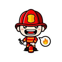 carino pompiere cartone animato personaggio con fuoco estintore vettore