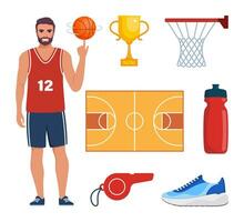 pallacanestro elementi, impostare. vario attrezzatura per palloni da basket. pallacanestro giocatore, sfera, cestino, scarpe da ginnastica, tazza, fischio. vettore illustrazione.