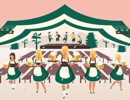 illustrazione vettoriale piatto oktoberfest. tenda della birra. spettacolo musicale popolare. tradizionale spettacolo della festa della birra. camerieri in costumi nazionali che servono bevande. personaggi dei cartoni animati volksfest