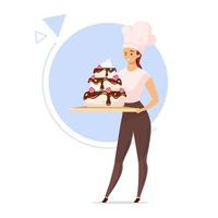 donna che tiene l'illustrazione di vettore di colore piatto torta a più livelli. fornaio femminile in cappello da chef. ragazza con prodotto dolciario. concetto di confezioni. personaggio dei cartoni animati isolato su sfondo bianco