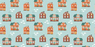 senza soluzione di continuità modello con carino agriturismi. mano disegnato scandinavo case. colorato accogliente edifici. mano disegnato piatto stile vettore illustrazione.