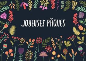 biglietto di auguri di pasqua francese joyeuses paques con scritte e fiori disegnati a mano vettore