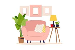 poltrona moderna con mini tavolino. interno del soggiorno con mobili. stile cartone animato piatto. illustrazione vettoriale. vettore