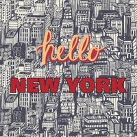 poster vintage con citazione ciao new york, motivo disegnato a mano senza cuciture con architettura, grattacieli, megapolis, edifici, business center. vettore