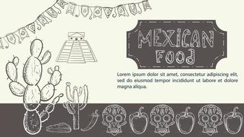 illustrazione uno schizzo disegnato a mano per un design sul tema del cibo messicano cactus teschio dipinto peperoncino piccante e dolce vettore