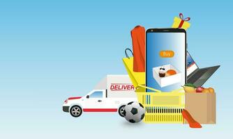 mobile shopping in linea ordinazione cesti e consegna veicoli. illustrazioni siamo Usato per fabbricazione pubblicità materiale di vendita cose attraverso il Internet. vettore