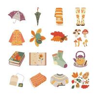 ombrello, sciarpa, impermeabile, fungo, prenotare, calzino, foglie, Tè, maglione. Ciao autunno. autunno stagione elemento, icona. vettore