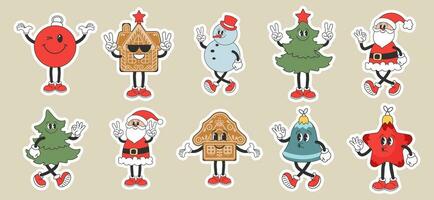 impostato di Natale adesivi, Groovy retrò personaggi. pupazzo di neve, Santa claus, Natale albero, Pan di zenzero, campana, stella, Natale sfera. Natale vacanza icone nel cartone animato stile. vettore