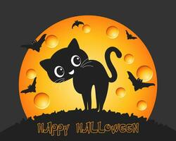 carino nero gatto e pipistrelli su il sfondo di il notte Luna. Halloween illustrazione, vettore