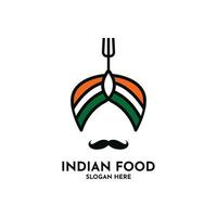 turbante bandiera forchetta baffi India indiano cibo logo design concetto vettore