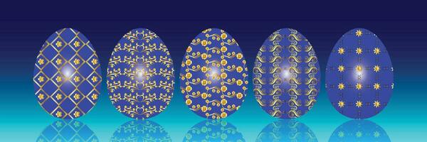 impostato di Pasqua uova con diverso modelli nel blu e oro vettore