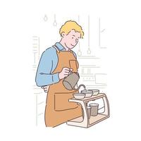 il barista sta preparando il caffè. illustrazioni di disegno vettoriale stile disegnato a mano.