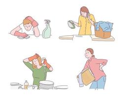 una raccolta di donne con compiti domestici difficili. illustrazioni di disegno vettoriale stile disegnato a mano.
