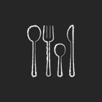 forchette, coltelli e cucchiai gesso icona bianca su sfondo scuro. accessori per la cena per mangiare a casa. utensili da cucina. bel design di stoviglie. illustrazione di lavagna vettoriale isolato su nero