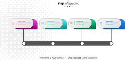 linea passo infografica. 4 opzioni flusso di lavoro diagramma, cerchio sequenza temporale numero infografica, processi passaggi grafico. lineare vettore infografica. processi ordine Infografica freccia e passaggi punto illustrazione