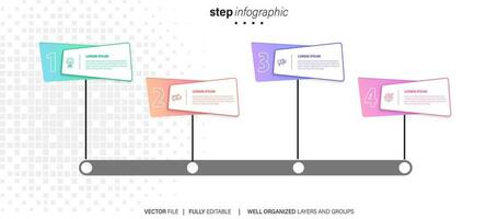 elemento di design infografica timeline e opzioni numeriche. concetto di business con 4 passaggi. può essere utilizzato per il layout del flusso di lavoro, il diagramma, il rapporto annuale, il web design. modello di business vettoriale per la presentazione.