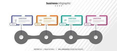 elemento di design infografica timeline e opzioni numeriche. concetto di business con 4 passaggi. può essere utilizzato per il layout del flusso di lavoro, il diagramma, il rapporto annuale, il web design. modello di business vettoriale per la presentazione.