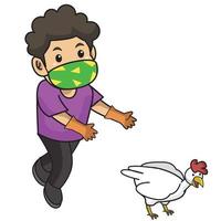 ragazzo prova a catturare il pollo, attivo nella fattoria usando l'illustrazione mask.character. vettore