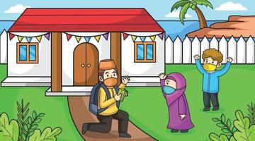 durante la pandemia del virus corona, i musulmani all'aperto sono molto felici, in eid-al fitr.muslim regalano e usano maschere felici e protocolli sanitari. illustrazione del libro per bambini. vettore