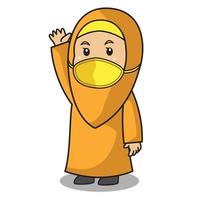 la ragazza musulmana usa la camicia arancione e l'hijab. salutando un altro musulmano nel mese del ramadan, usando la maschera e il protocollo sano. Illustrazione del personaggio. vettore
