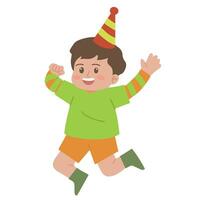 contento poco ragazzo salto celebrare compleanno festa vettore illustrazione
