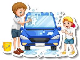 un modello di adesivo con il padre che lava l'auto con suo figlio vettore